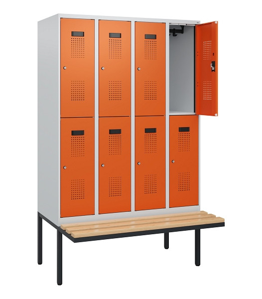 C+P Doppelstock-Spind Evolo PLUS, Bank, 8 Fächer, 1950x1200x815mm, 7035/2004, Zylinderschloss, Sitzfläche Buche-Hartholz, 0493405-40 S10022