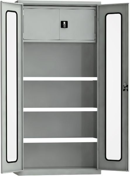 KLW Aktenschrank 1950x950x430mm mit Acrylglas-Sichtfenster, 1 Tresorfach, 2 abschließbare Türen, 3 verzinkte Fachböden, 7FN-LF1950FD-T194XRB