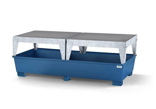 DENIOS Auffangwanne classic-line für 2 IBC, blau lackiert, 2 Abfüllböcke, 273871