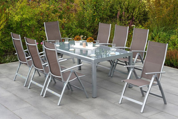 Merxx Carrara Set 9-teilig, 8 Klappsessel, 1 Tisch, Halbrundprofil, 190 x 100 cm, graue Glasplatte, Silber/taupe, 50695-325