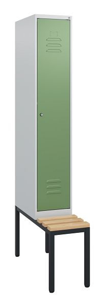C+P Umkleidespind Classic PLUS, mit untergebauter Sitzbank, 1950x300x815mm, 7035/6011, Zylinderschloss, Buche-Sitzleisten, 0800505-10 S10021