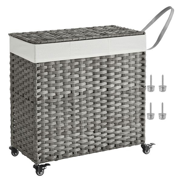 SONGMICS Wäschekorb, handgewebter Wäschekorb, 140-Liter-Waschkorb im Rattan-Stil mit 3 Fächern, 66 x 33 x 60 cm, grauer, LCB363G01