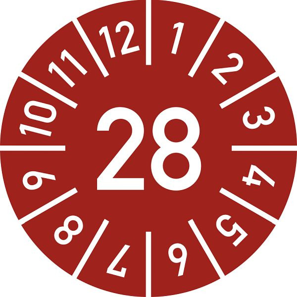 Moedel Prüfplakette Jahr 28 mit Monaten, rot, Folie, Ø 10 mm, VE: 10 Stück/Bogen, 106520