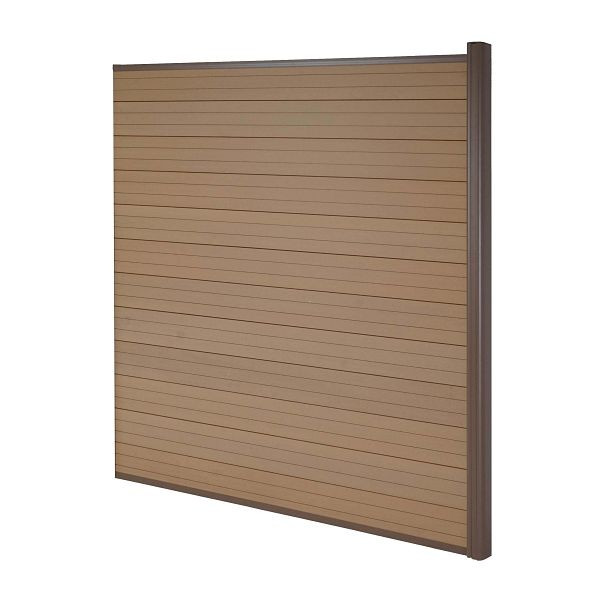 Mendler WPC-Sichtschutz Sarthe, Windschutz Zaun, Alu-Pfosten, Erweiterungselement, 1,85m teak, 77559+77560+77561