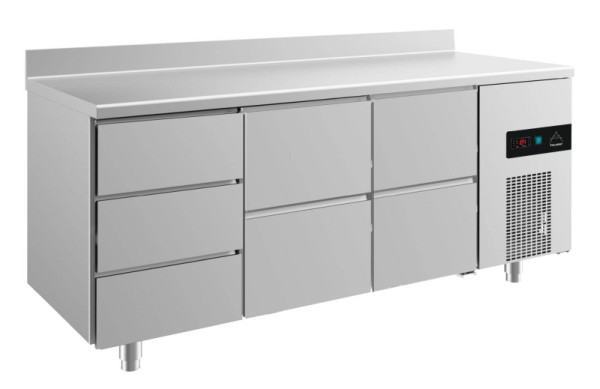 A&S Polarny Kühltisch -2 bis +8°C mit 2x zwei Schubladen und 1x drei Schubladen links, 1865 x 700 x 850 mm, mit Aufkantung, KT3DZZA