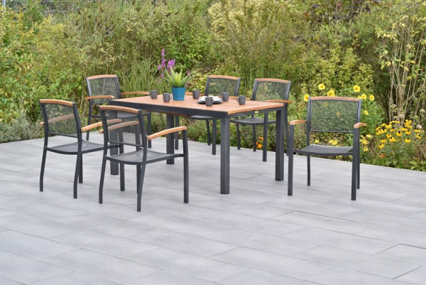 Merxx Tilos Set 7-teilig, 6 Tilos Stapelsessel, 1 Ausziehtisch 150 (200) x 90 cm, Tischplatte aus Akazienholz, Aluminium mit FSC Akazienholz, 50793-217