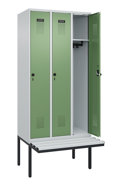 C+P Spind Evolo PLUS, 3 Abteile, 2120x900x815mm, 7035/6011, Haken 3, Drehriegel, Material Sitzfläche Kunststoff, 0490407-30 S10064