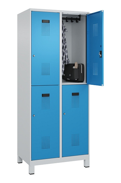 C+P Doppelstöckiger Spind Evolo PLUS, mit Füßen, 4 Fächer, 1950x800x500mm, 7035, Frontfarbe RAL 5012 Lichtblau, Zylinderschloss, 049310-22 S10034