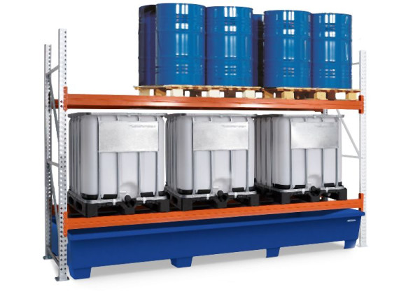 DENIOS Gefahrstoff-Palettenregal, Anbaufeld, 2 Lagerebenen, lackierte Auffangwanne, 3400 x 1300 x 2700 mm, 329155