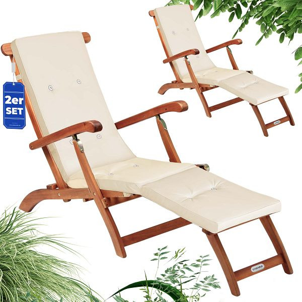 casaria Gartenliege Queen Mary®, VE: 2er-Set Akazie FSC®-zertifiziert inkl Auflage Creme, 997500