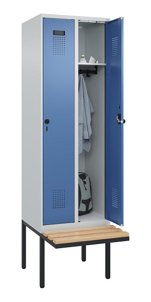 C+P Spind Evolo PLUS, 2 Abteil, 2120x600x815mm, 7035/5023, Drehriegel, Sitzfläche Holz, 0490407-20 S10008