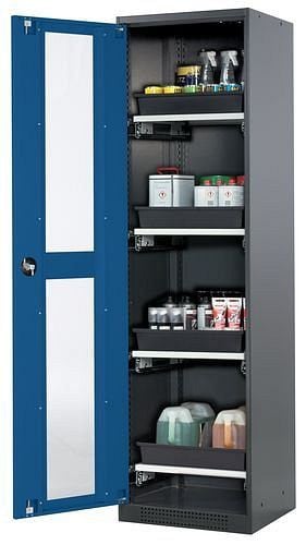 asecos Chemikalienschrank Systema-T CS-54LG, Korpus anthrazit, Flügeltüren blau, 4 Tablarauszüge, 208909