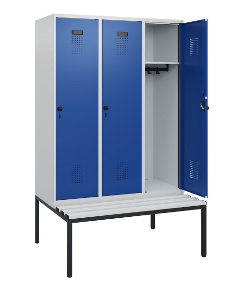 C+P Spind Evolo PLUS, 3 Abteile, 1950x1200x815mm, 7035/5010, Drehriegel, Sitzfläche Kunststoff, Sitzbank, 0490505-32 S10060