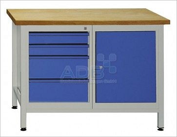 ADB Werkbank 1 Tür+ 4 Schubladen, Maße: 1200x600x840mm (BxTxH), Farbe Werktisch: grau, RAL 7035, Farbe Schublade / Tür: Lichtblau (RAL 5012), 41931