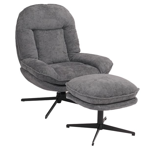 Mendler Relaxsessel mit Hocker HWC-P32, Fernsehsessel Nosagfederung, drehbar Metall Stoff/Textil Chenille (370 g/m²), grau, 118703+118707