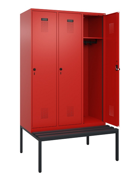 C+P Spind Evolo PLUS, 3 Abteile, 2120x1200x815mm, 3020/3020, Haken 4, Drehriegel, Sitzfläche Kunststoff, Sitzbank, 0490507-32 S10079