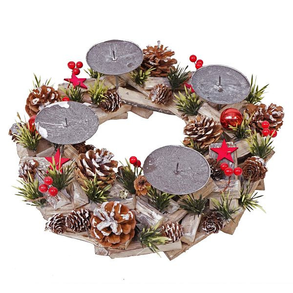 Mendler Adventskranz HWC-H50, Weihnachtsdeko Adventsgesteck Weihnachtsgesteck, Holz rund Ø 33cm, ohne Kerzen, 73494