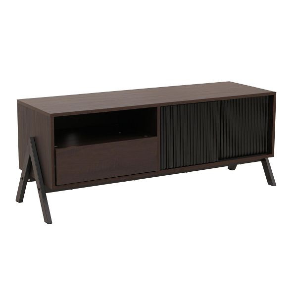 Mendler TV-Rack HWC-O40, Lowboard TV-Schrank Schiebetür Staufächer Schublade, MDF Metall Melamin 49x120x40cm, Walnuss-Optik, 139052
