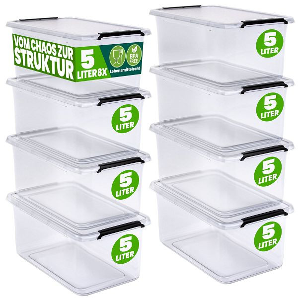 DEUBA Aufbewahrungsbox, VE: 8er-Set 30x20x12cm 5L transparent stapelbar, 996818