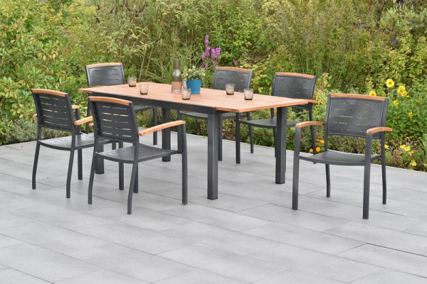 Merxx Tinos Set 7-teilig, 6 Tinos Stapelsessel, 1 Ausziehtisch 150 (200) x 90 cm, Tischplatte aus Akazienholz, Aluminium mit FSC Akazienholz, 50814-217