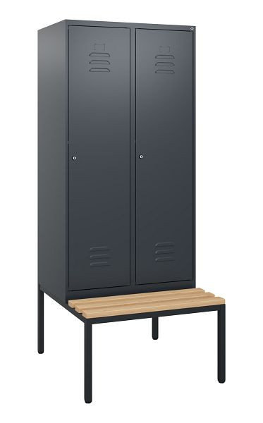 C+P Umkleidespind Classic PLUS, mit untergebauter Sitzbank, 2 Abteile, 1950x800x815mm, 7016/7016, Zylinderschlösser, Buche-Sitzleisten, 0800505-22 S10027