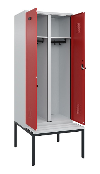 C+P Schwarz-Weiß-Spind Evolo PLUS, Bank, 2 Abteile, 2120x800x815mm, 7035/3000, Drehriegel, Sitzfläche Kunststoff, Sitzbank, 0490527-22 S10057