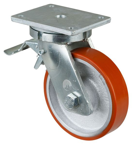 BS Rollen Schwerlastrolle mit Rad-/Feststeller, Breite 50 mm, Ø200 mm, bis 1000 kg, Guss-Polyurethan 95 Shore A, Körper Guss, Kugellager, RR120.C10.201