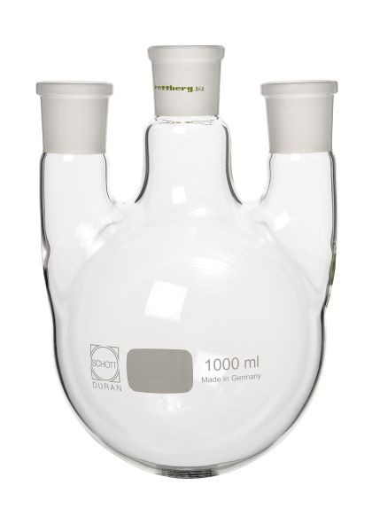 Rettberg 3-Halskolben, 100 ml, Mittelhals NS 29/32, 2x Seitenhals NS 14,5/23 (gerade), Borosilikatglas 3.3, 134026224