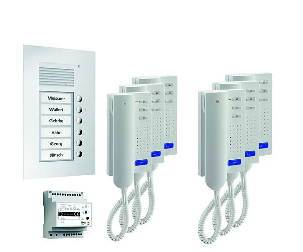 TCS Türkontrollsystem audio:pack UP für 6 Wohneinheiten, mit Außenstation PUK 6 Klingeltasten, 6x Türtelefon ISH3030, Steuergerät BVS20, PPU06-EN/02