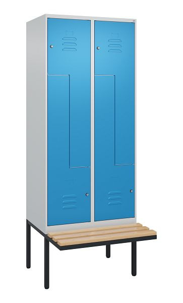 C+P Z-Spind Classic PLUS, Bank, 4 Abteile, 2120x800x815mm, 7035/5012, Zylinderschlösser, Buche-Sitzleisten, 0800437-224 S10019