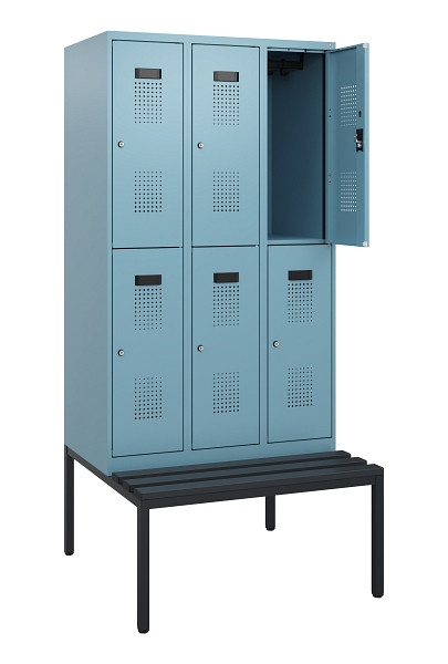 C+P Doppelstöckiger Spind Evolo PLUS, Bank, 6 Fächer, 1950x900x815mm, 0010/0010, Zylinderschloss, Sitzfläche Kunststoff, Sitzbank, 0493505-30 S10156