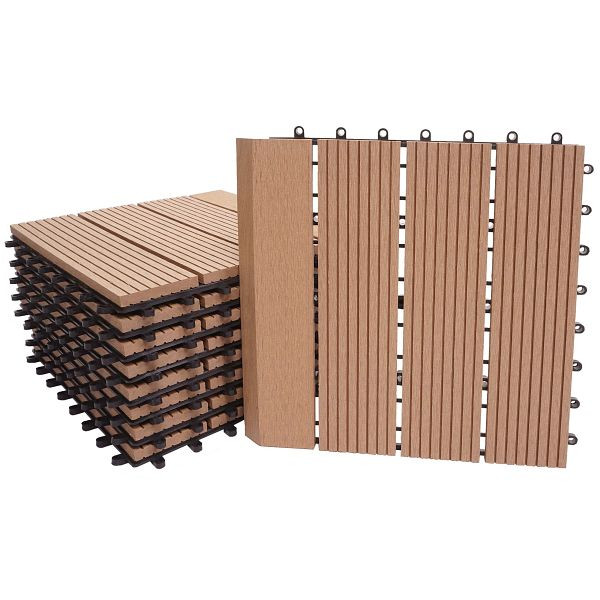 Mendler WPC Bodenfliese Rhone + Abschluss, Holzoptik Balkon/Terrasse, 11x je 30x30cm = 1qm Premium, teak linear senkrecht, 77619