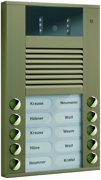 TCS Video-Außenstation mit 130-Grad-Kamera Serie AVE mit 10 Klingeltasten (rechts-/linksbündig), AP bronze, AVE14103-0012