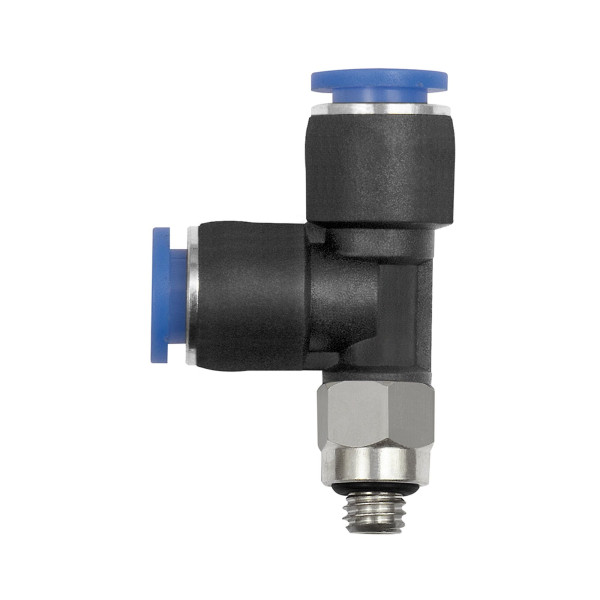 Riegler T-Steckverschraubung »Blaue Serie« mini, L-Form, drehbar, M3, für Schlauch-Außen-Ø 3 mm, pmax 10 bar, Kunststoff/Messing vernickelt, 148851