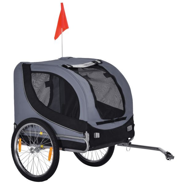 PawHut Hundeanhänger Fahrradanhänger bis 20 kg klappbar mit Universalkupplung Reflektoren Flagge lagerbar Stahl+Polyester Grau+Schwarz, D00-050