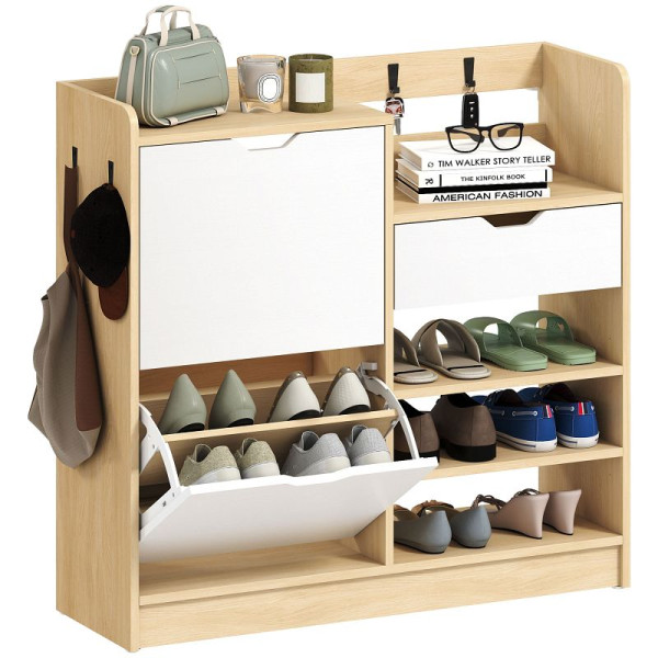 HOMCOM Schuhregal für Flur, Schuhschrank mit Kippschubladen, offenen Regalen, 4 Haken, für bis zu 14 Paar Schuhe, 837-624V90ND