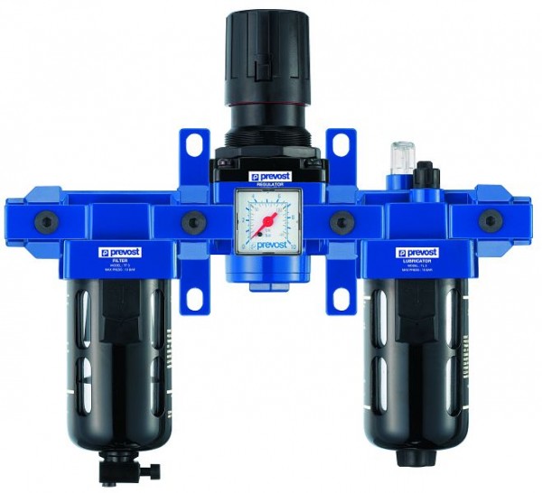 Prevost ALTO3-Dreifachblock- Filterregler, Manometer, Öler, Wandbefestigungsset+ Schnellverbinder Leitungsanschluss Breite 305mm, G 1/2, 3500Nm3/h, TT PSM3