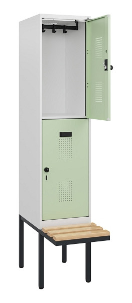 C+P Doppelstock-Spind Evolo PLUS, Bank, 2 Fächer, 1950x400x815mm, 9016/6019, Drehriegel, Sitzfläche Buche-Hartholz, 0493405-12 S10021