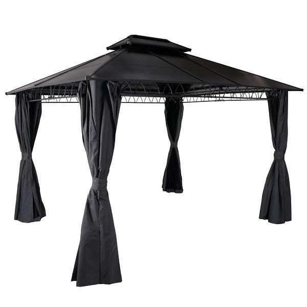 Mendler Hardtop Pergola HWC-M81, Pavillon, Aluminium Dachstreben 7cm-Stahlgestell mit Seitenwand und Moskitonetz 3,6x3m, grau, 105549+105550