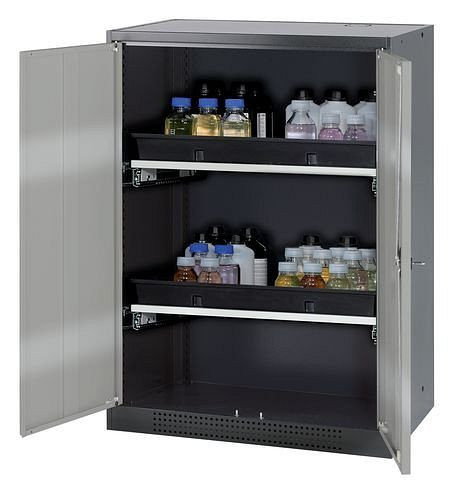asecos Chemikalienschrank Systema-T CS-82, Korpus anthrazit, Flügeltüren silber, 2 Tablarauszüge, 208652