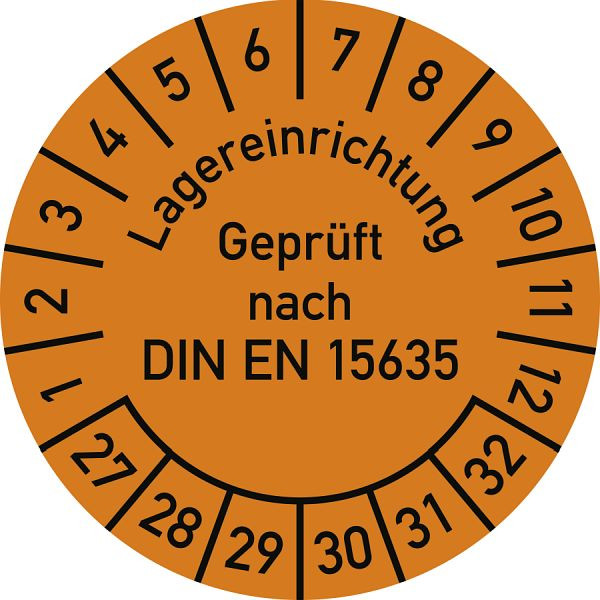 Moedel Prüfplakette Lagereinrichtung Geprüft...2027-2032, Folie, Ø 30 mm, VE: 10 Stück/Bogen, 108317