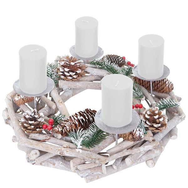 Mendler Adventskranz rund, Weihnachtsdeko Tischkranz, Holz Ø 35cm weiß-grau, mit Kerzen, weiß, 56664