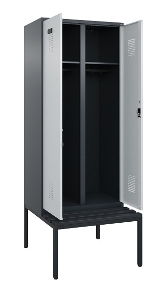 C+P Schwarz-Weiß-Spind Evolo PLUS, Bank, 2 Abteile, 2120x800x815mm, 7016/7035, Zylinderschloss, Sitzfläche Kunststoff, Sitzbank, 0490527-22 S10098