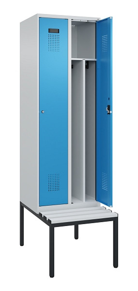 C+P Spind Evolo PLUS, 2 Abteile, 2120x600x815mm, 7035/5012, Zylinderschloss, Material Sitzfläche Kunststoff, Sitzbank, 0490507-20F S10088