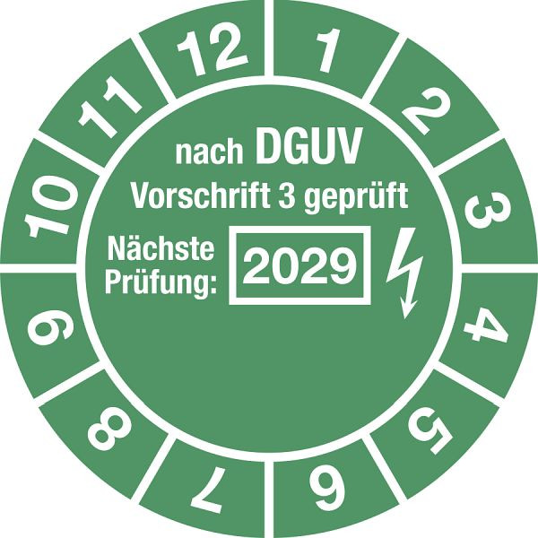 Moedel Prüfplakette nach DGUV, Nächste Prüfung, 2029, Folie, Ø 30 mm, VE: 10 Stück/Bogen, 108176