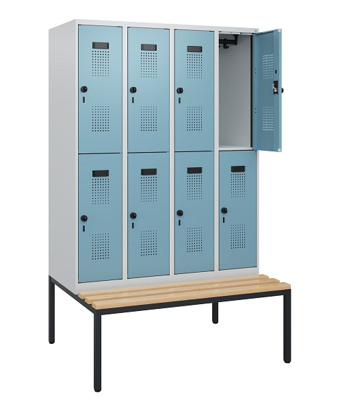 C+P Doppelstöckiger Spind Evolo PLUS, Bank, 8 Fächer, 1950x1200x815mm, 7035/0010, Drehriegel, Sitzfläche Buche-Hartholz, Sitzbank, 0493505-40 S10009