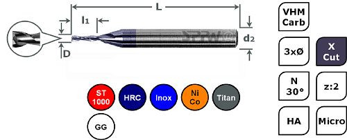 SPPW Micro-Bohrnutenfräser VHM+X.Cut 3xØ L: 52x12 z:2 d5 Ø4,10, 6785000410