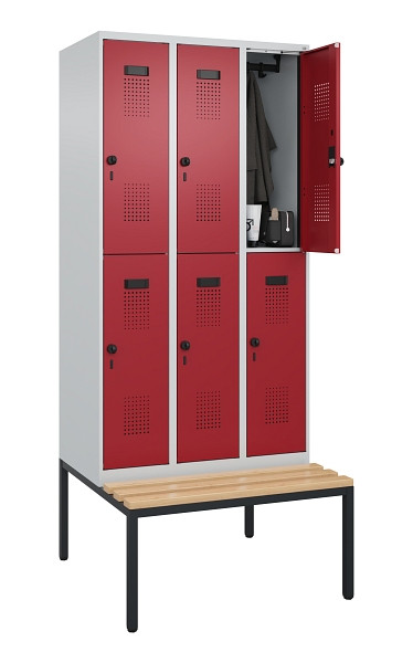 C+P Doppelstock-Spind Evolo PLUS, Bank, 6 Fächer, 2120x900x815mm, 7035/3003, Drehriegel, Sitzfläche Buche-Hartholz, Sitzbank, 0493507-30 S10004