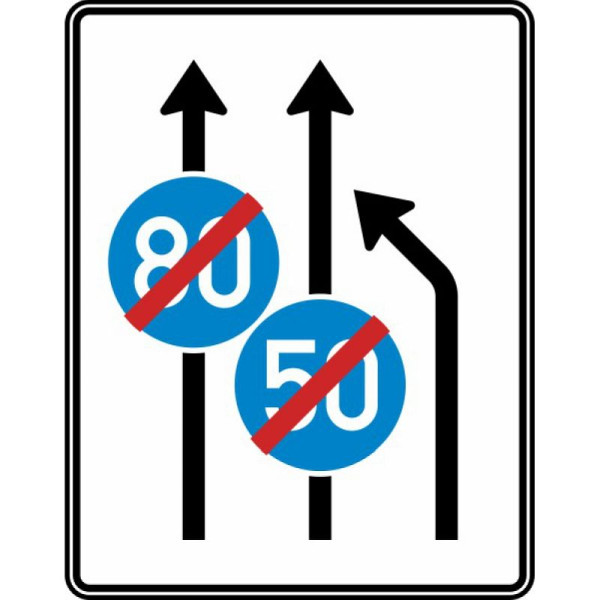 Stein HGS Einengungstafel ohne Gegenverkehr, Einzug rechts, noch 2 Streifen in Fahrtrichtung, Ende der Mindestgeschwindigkeit Nr. 535-11, RA2/Alform, ohne Entfernungsangabe, 1600x1250mm, 535-11-122