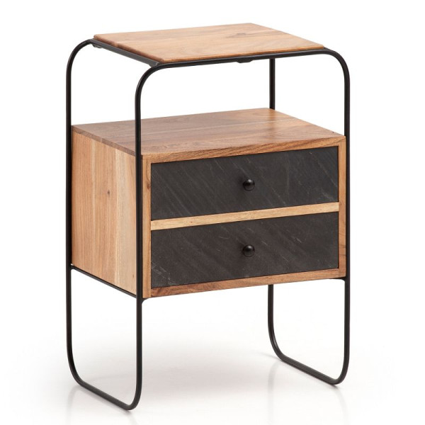 Wohnling Nachttisch Akazie Massivholz/Steinoptik 40x60x30 cm Boxspringbett, Industrial Nachtkonsole Braun mit 2 Schubladen & Ablagefläche, WL6.779